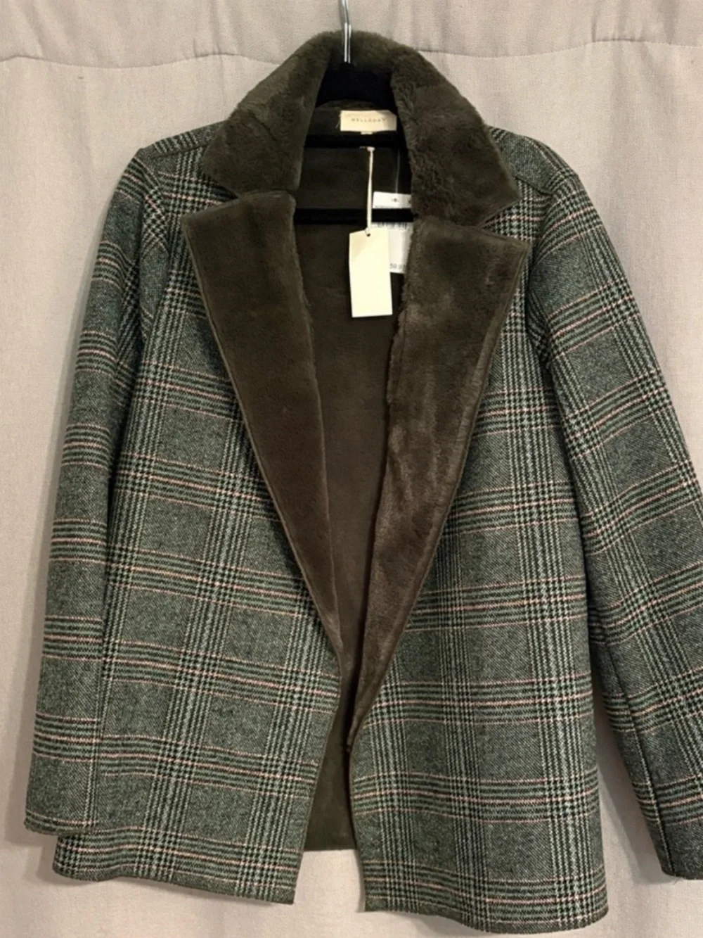 MELLODAY Olive Plaid Faux Fur-Lined Coat - Picture 2 of 4